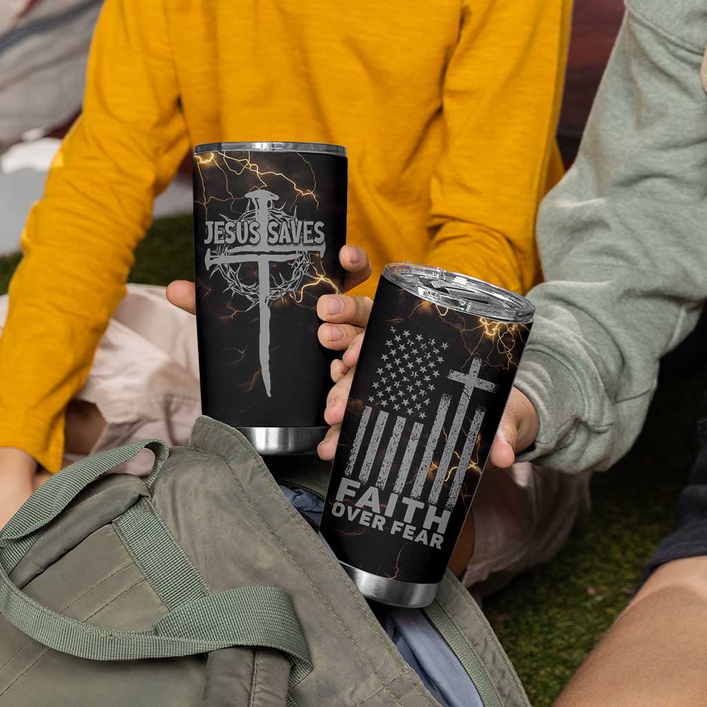 Christian Faith Over Fear Tumbler Cup Religious Jesus Saves Cross US Flag Prayer Patriotic - Wonder Print Shop