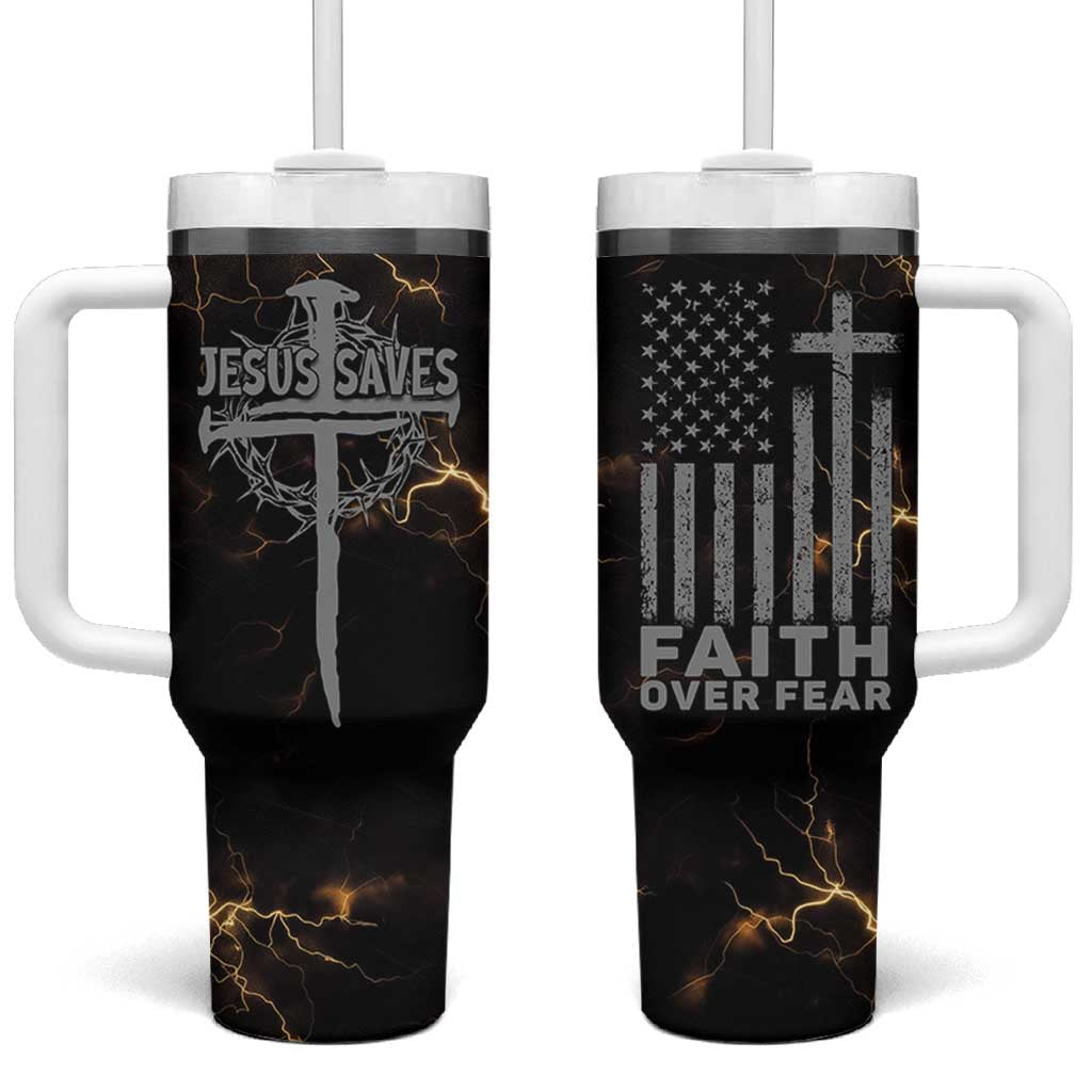 Christian Faith Over Fear Tumbler With Handle Religious Jesus Saves Cross US Flag Prayer Patriotic - Wonder Print Shop