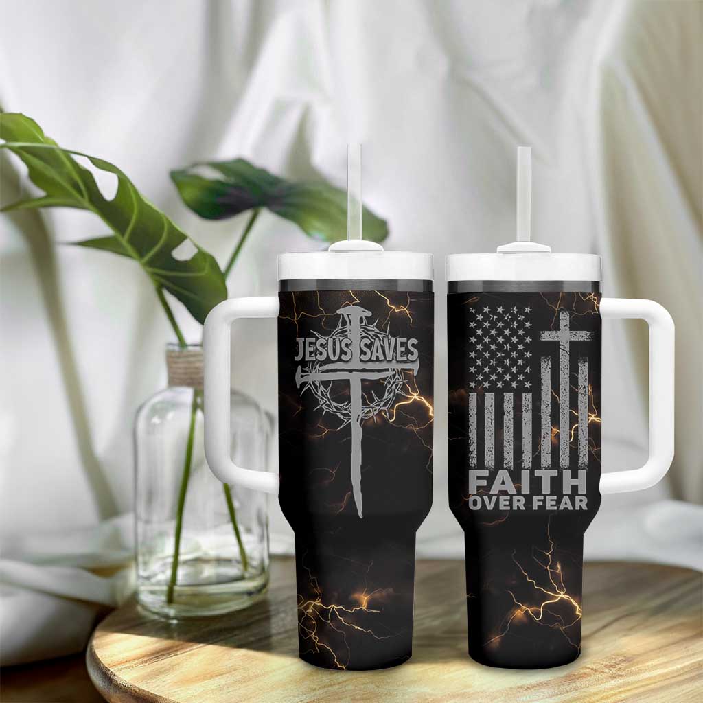 Christian Faith Over Fear Tumbler With Handle Religious Jesus Saves Cross US Flag Prayer Patriotic - Wonder Print Shop