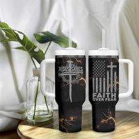 Christian Faith Over Fear Tumbler With Handle Religious Jesus Saves Cross US Flag Prayer Patriotic - Wonder Print Shop
