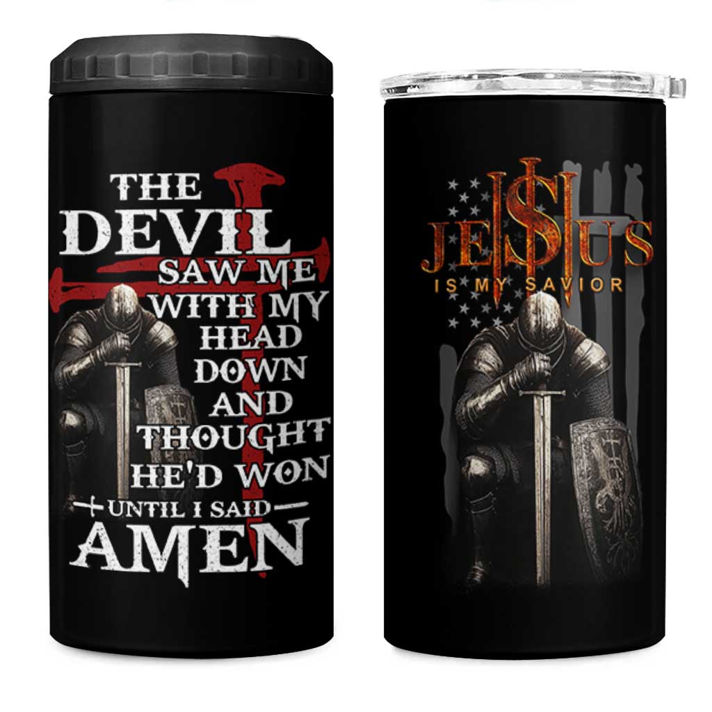 Christian Gifts for Men 4 in 1 Can Cooler Tumbler Jesus Is My Savior Catholic Cross US Flag Prayer Patriotic - Wonder Print Shop