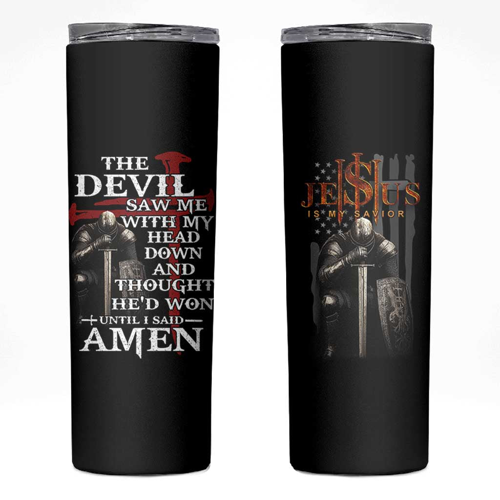 Christian Gifts for Men Skinny Tumbler Jesus Is My Savior Catholic Cross US Flag Prayer Patriotic - Wonder Print Shop