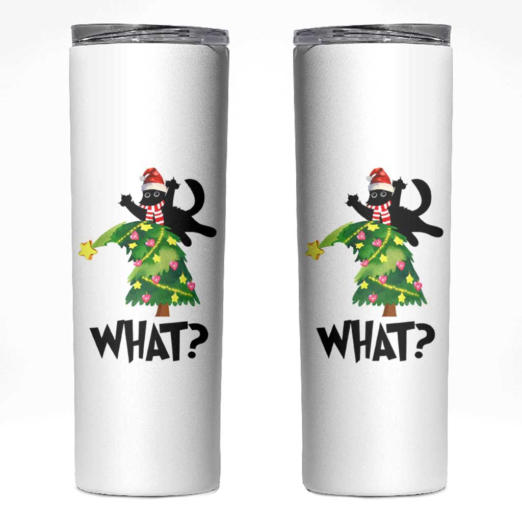 Funny Christmas Black Cat Lover Gifts Skinny Tumbler Christmas Tree Over Cat What? - Wonder Print Shop