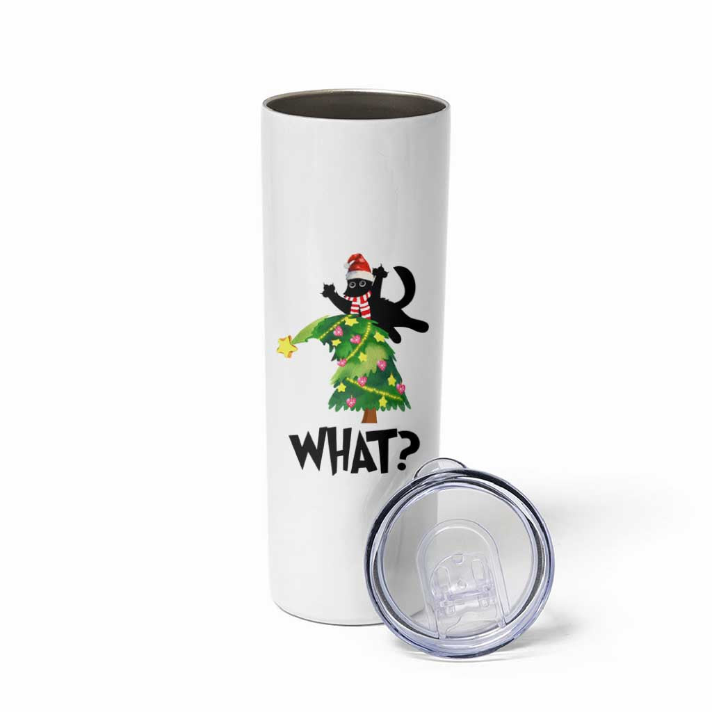 Funny Christmas Black Cat Lover Gifts Skinny Tumbler Christmas Tree Over Cat What? - Wonder Print Shop