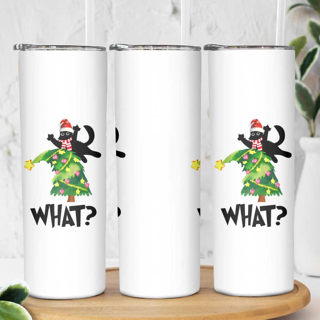 Funny Christmas Black Cat Lover Gifts Skinny Tumbler Christmas Tree Over Cat What? - Wonder Print Shop