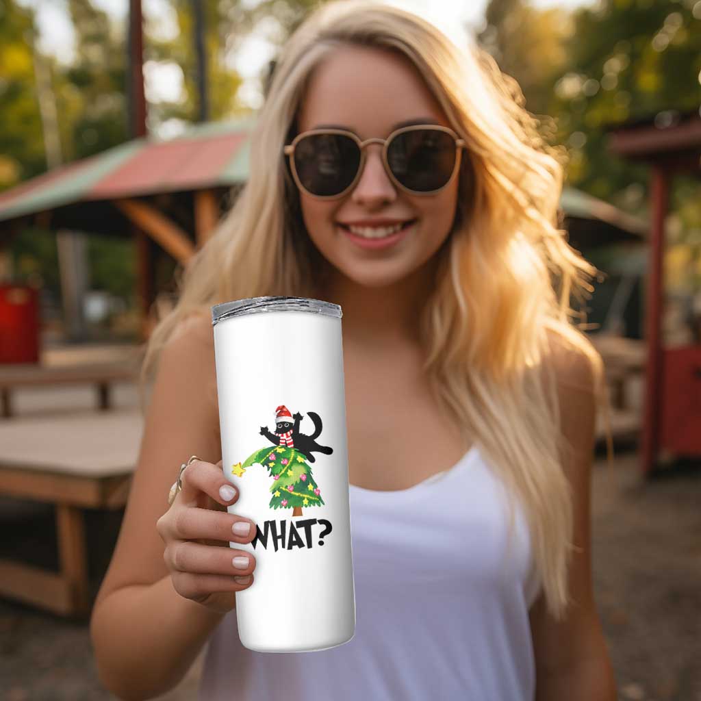 Funny Christmas Black Cat Lover Gifts Skinny Tumbler Christmas Tree Over Cat What? - Wonder Print Shop