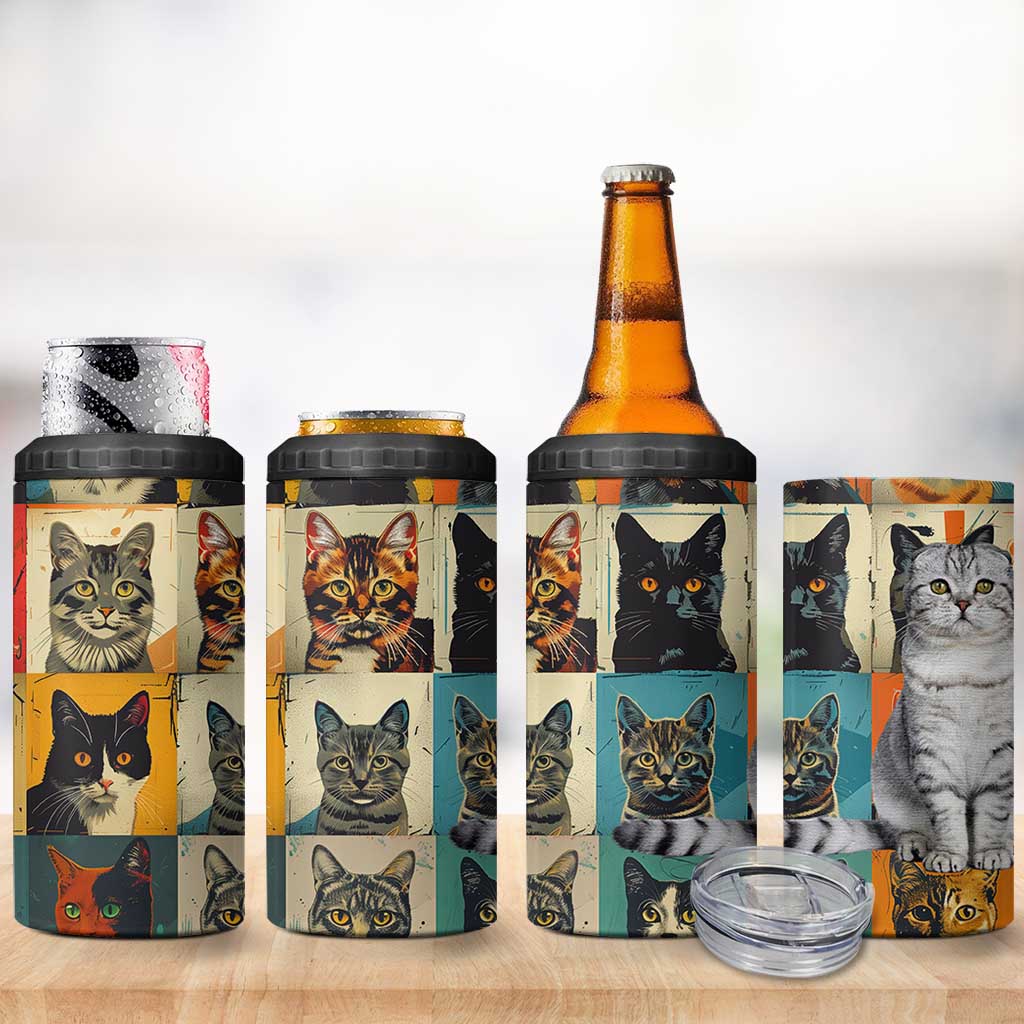 Cat Lover Gifts 4 in 1 Can Cooler Tumbler Retro Cat Collage Poster