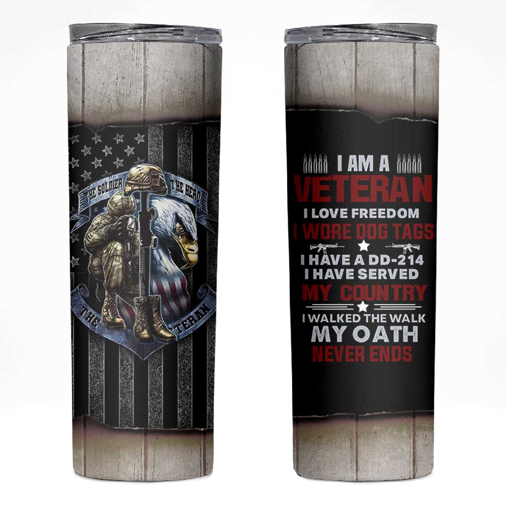 Proud Veteran Skinny Tumbler DD-214 Armed Forces Military Alumni American Flag