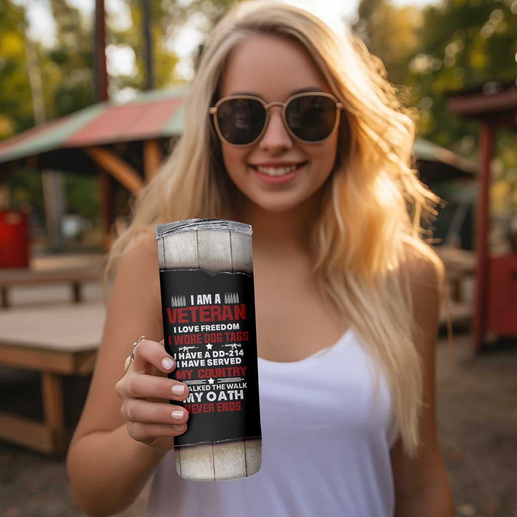 Proud Veteran Skinny Tumbler DD-214 Armed Forces Military Alumni American Flag