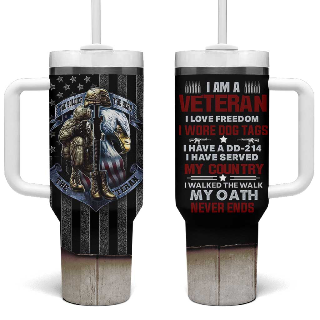 Proud Veteran Tumbler With Handle DD-214 Armed Forces Military Alumni American Flag