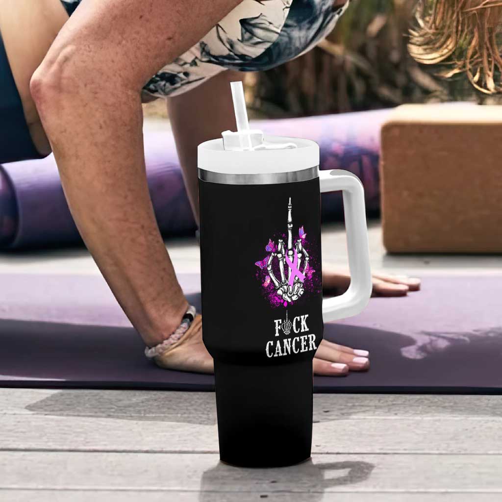 Pink Ribbon Fck Cancer Tumbler With Handle Recovery Support Gifts For Survivors