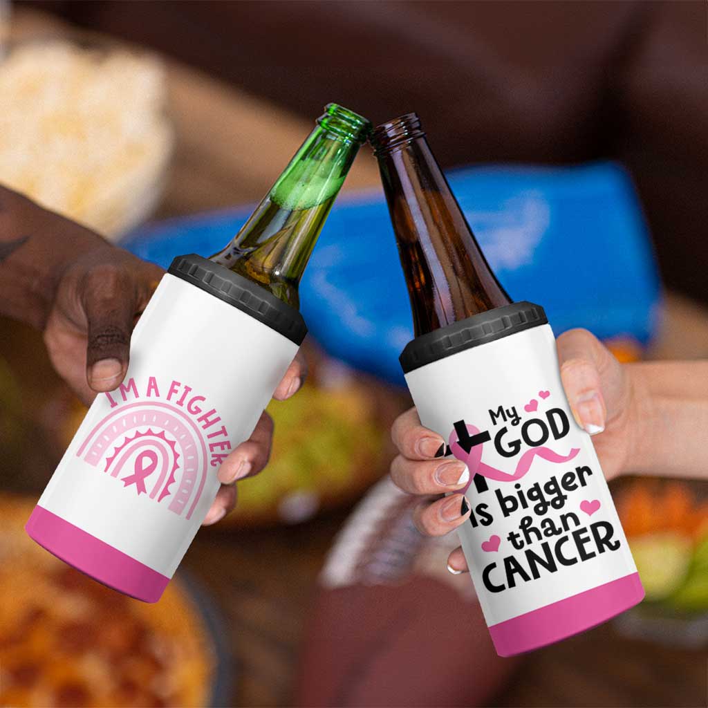 Breast Cancer Awareness 4 in 1 Can Cooler Tumbler Pink Ribbon My God is Stronger Than Cancer Christian Gift - Wonder Print Shop
