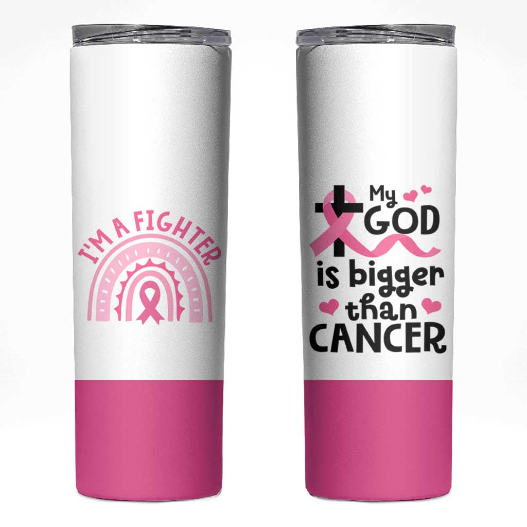 Breast Cancer Awareness Skinny Tumbler Pink Ribbon My God is Stronger Than Cancer Christian Gift - Wonder Print Shop