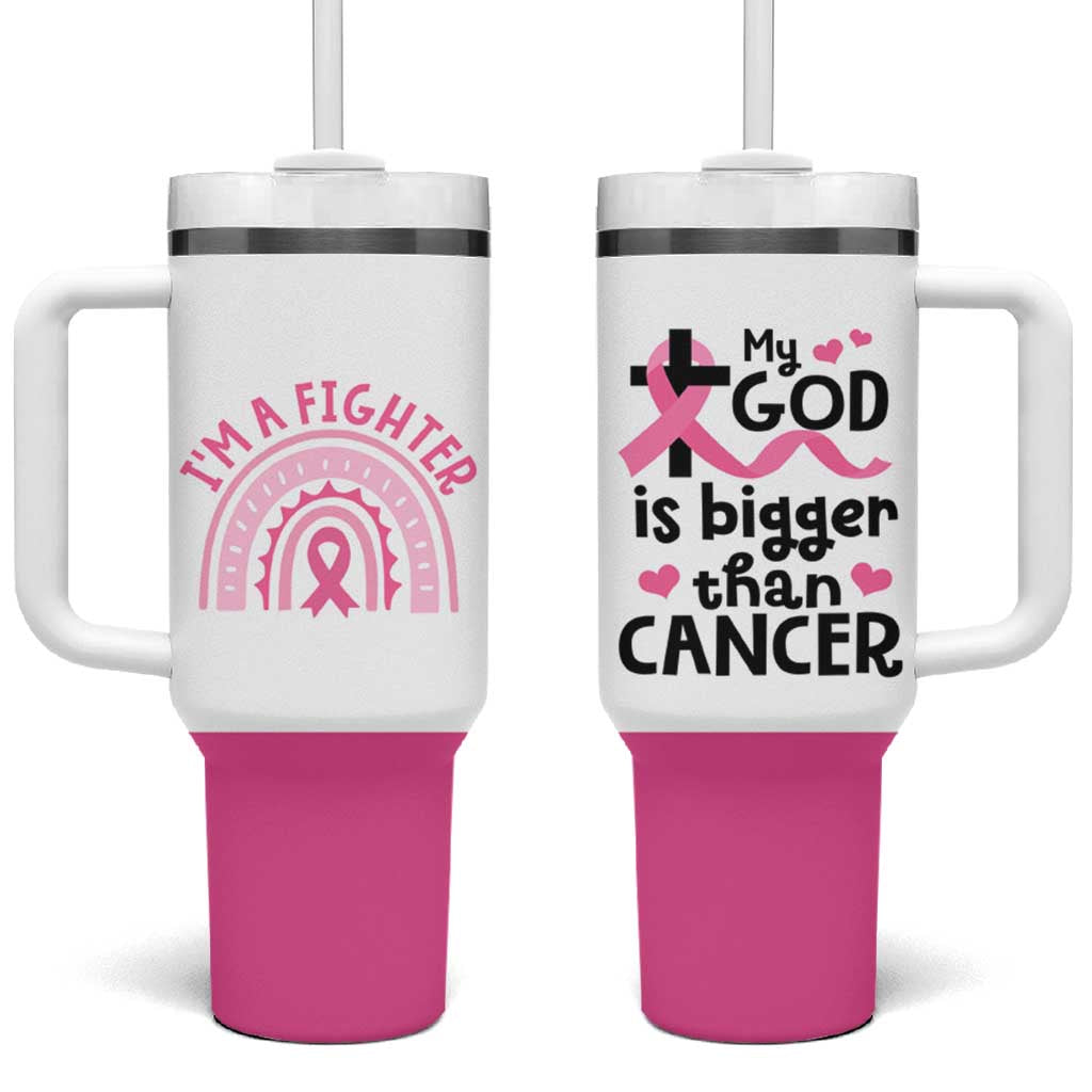 Breast Cancer Awareness Tumbler With Handle Pink Ribbon My God is Stronger Than Cancer Christian Gift - Wonder Print Shop