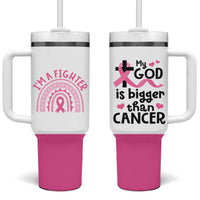 Breast Cancer Awareness Tumbler With Handle Pink Ribbon My God is Stronger Than Cancer Christian Gift - Wonder Print Shop