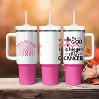 Breast Cancer Awareness Tumbler With Handle Pink Ribbon My God is Stronger Than Cancer Christian Gift - Wonder Print Shop