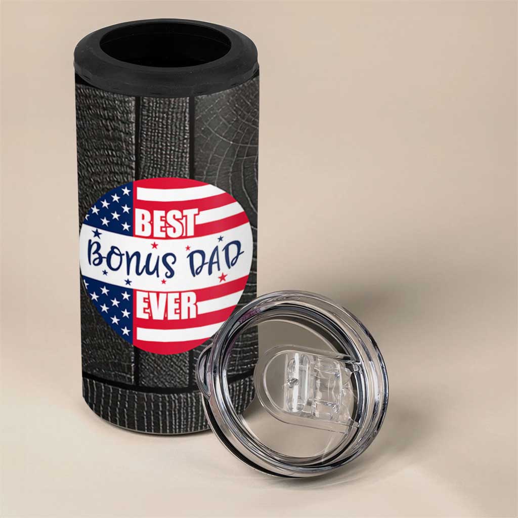 Best Bonus Dad Ever 4 in 1 Can Cooler Tumbler Step Dad American Flag