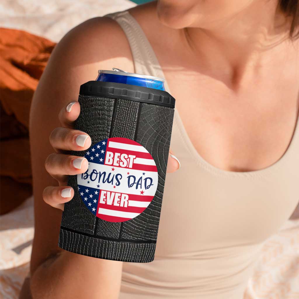 Best Bonus Dad Ever 4 in 1 Can Cooler Tumbler Step Dad American Flag