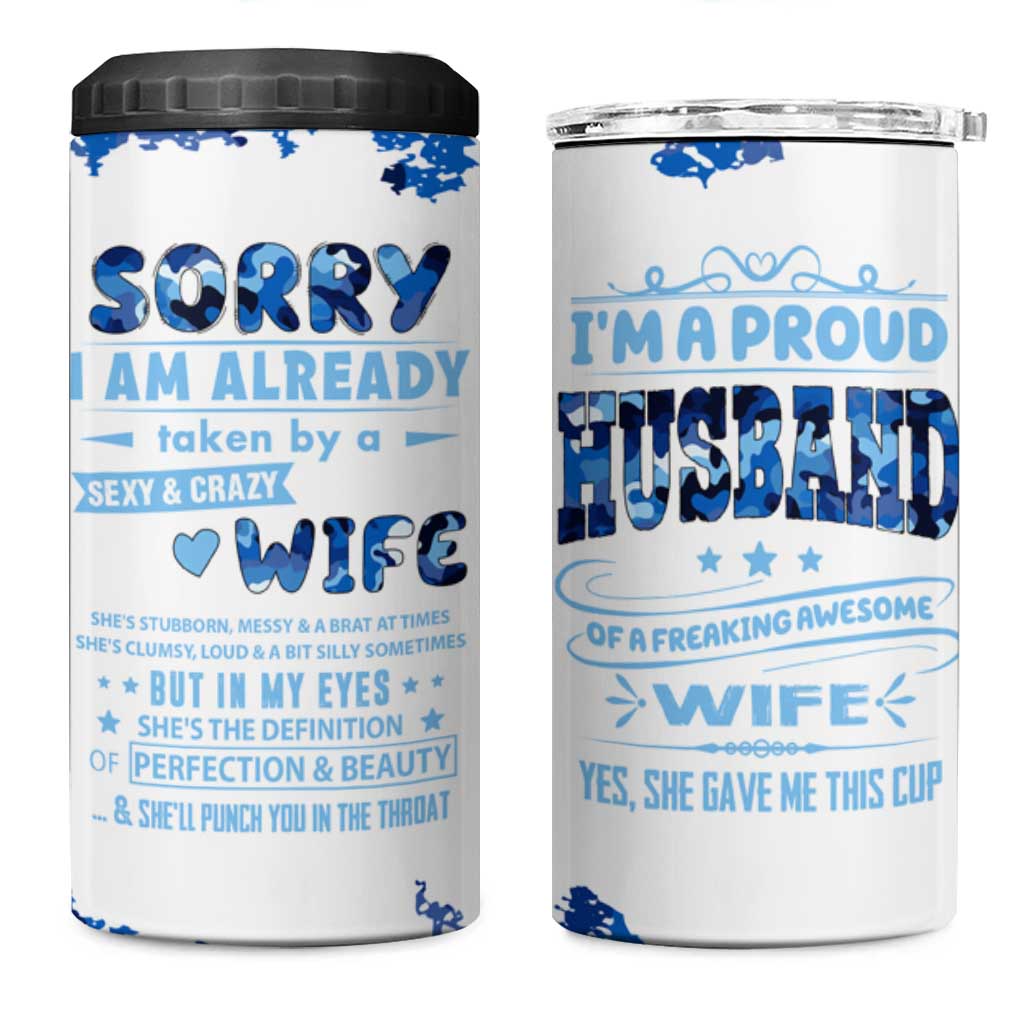 Husband Gift 4 in 1 Can Cooler Tumbler Funny Anniversary Wedding, Christmas, Valentines Day, Birthday Gifts for Him Blue Camo Camouflage - Wonder Print Shop