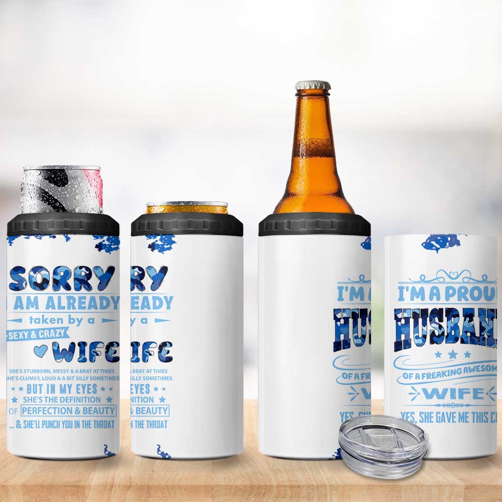 Husband Gift 4 in 1 Can Cooler Tumbler Funny Anniversary Wedding, Christmas, Valentines Day, Birthday Gifts for Him Blue Camo Camouflage - Wonder Print Shop