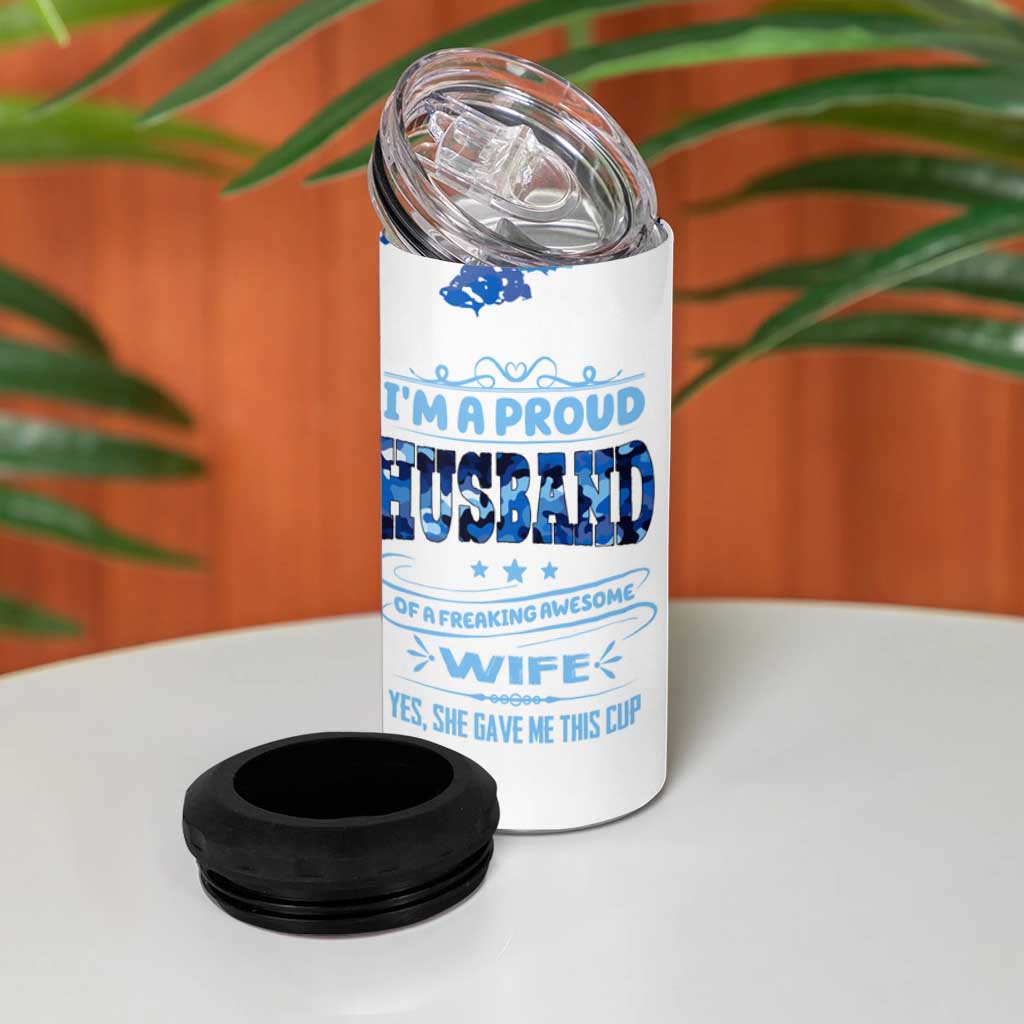 Husband Gift 4 in 1 Can Cooler Tumbler Funny Anniversary Wedding, Christmas, Valentines Day, Birthday Gifts for Him Blue Camo Camouflage - Wonder Print Shop