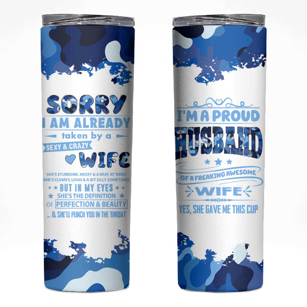Husband Gift Skinny Tumbler Funny Anniversary Wedding, Christmas, Valentines Day, Birthday Gifts for Him Blue Camo Camouflage - Wonder Print Shop