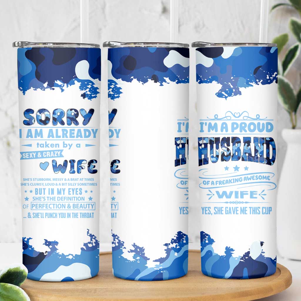 Husband Gift Skinny Tumbler Funny Anniversary Wedding, Christmas, Valentines Day, Birthday Gifts for Him Blue Camo Camouflage - Wonder Print Shop