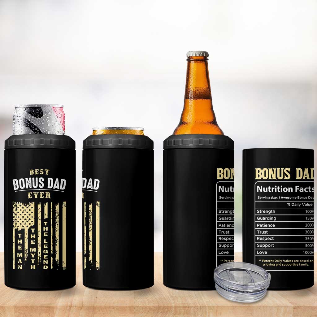 Best Bonus Dad Ever 4 in 1 Can Cooler Tumbler Funny Step Dad American Flag Fathers Day