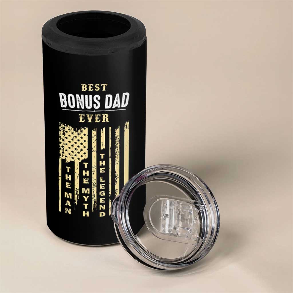 Best Bonus Dad Ever 4 in 1 Can Cooler Tumbler Funny Step Dad American Flag Fathers Day
