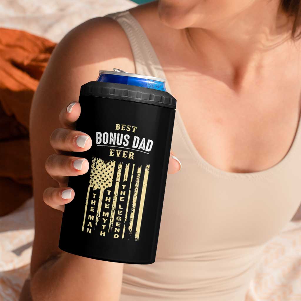 Best Bonus Dad Ever 4 in 1 Can Cooler Tumbler Funny Step Dad American Flag Fathers Day