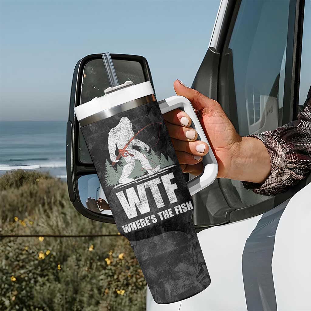 WTF Wheres The Fish Tumbler With Handle Funny Bigfoot Fishing Gifts Fathers Day