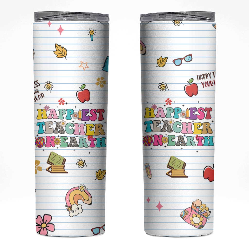 Teacher Appreciation Gifts Skinny Tumbler Happiest Teacher On Earth Retro Groovy - Wonder Print Shop