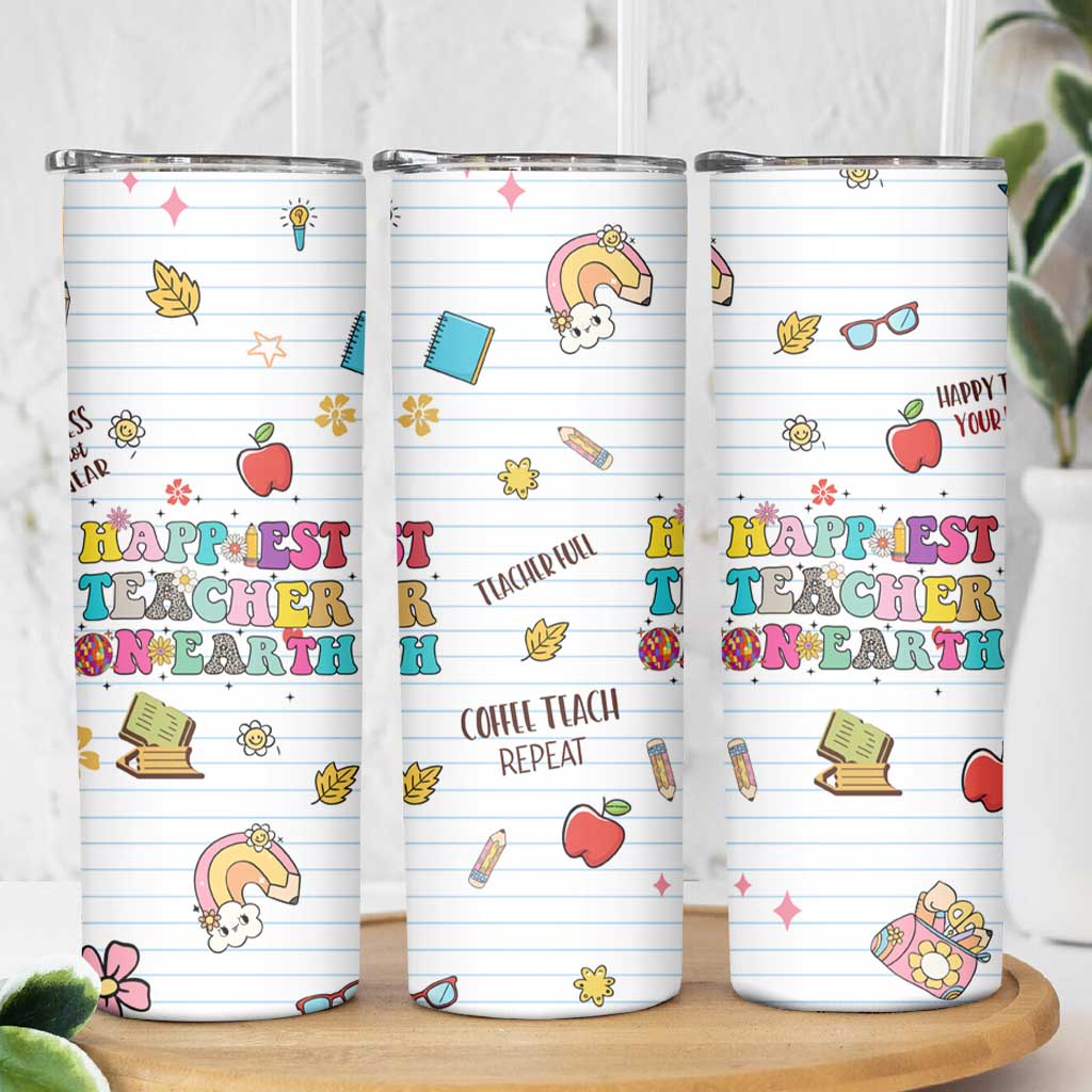 Teacher Appreciation Gifts Skinny Tumbler Happiest Teacher On Earth Retro Groovy - Wonder Print Shop
