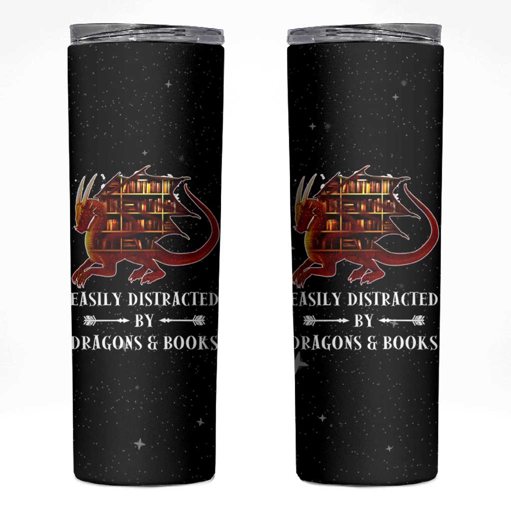 Dragon Book Lovers Gifts Skinny Tumbler Easily Distracted By Books And Dragons Nerds - Wonder Print Shop