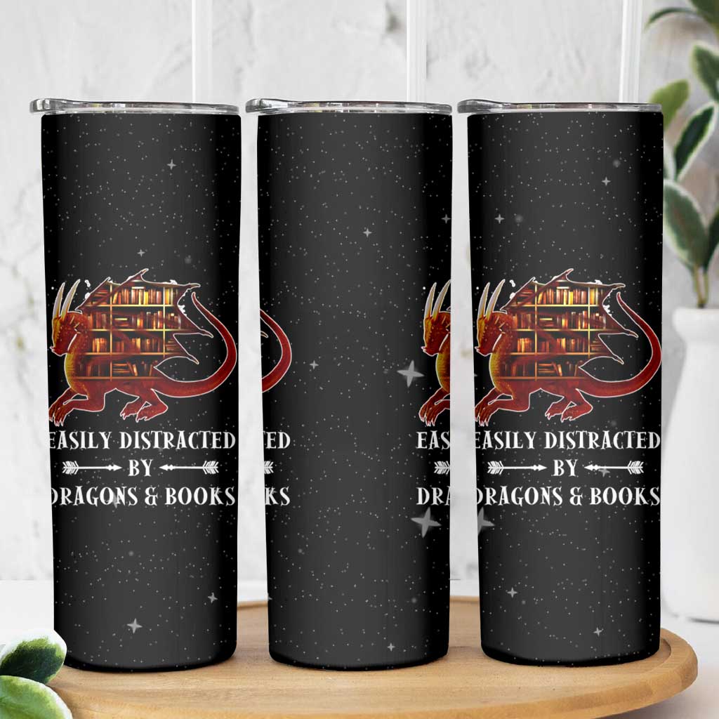 Dragon Book Lovers Gifts Skinny Tumbler Easily Distracted By Books And Dragons Nerds - Wonder Print Shop