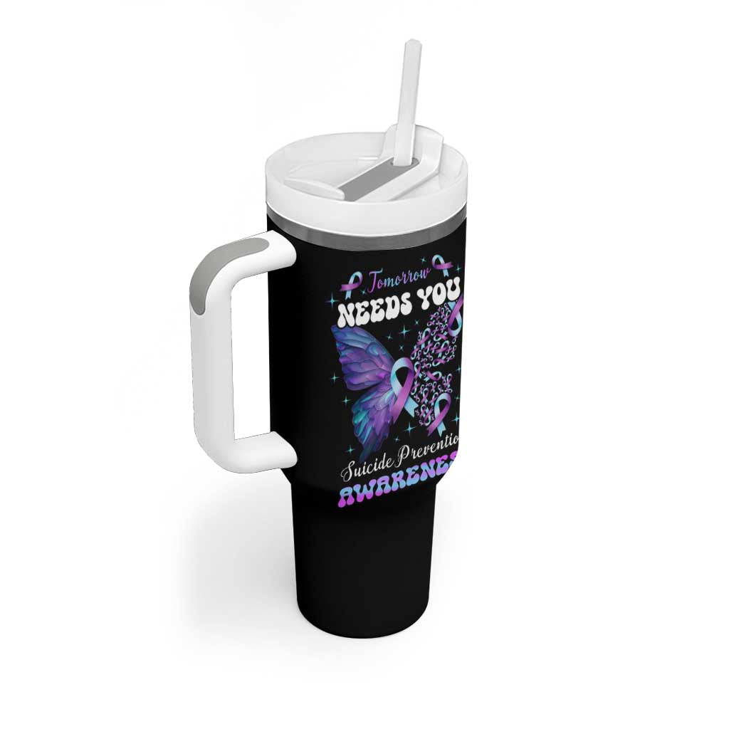 Suicide Prevention Awareness Tumbler With Handle Teal Purple Ribbon Butterfly Stay Tomorrow Needs You Therapist Psychologist - Wonder Print Shop