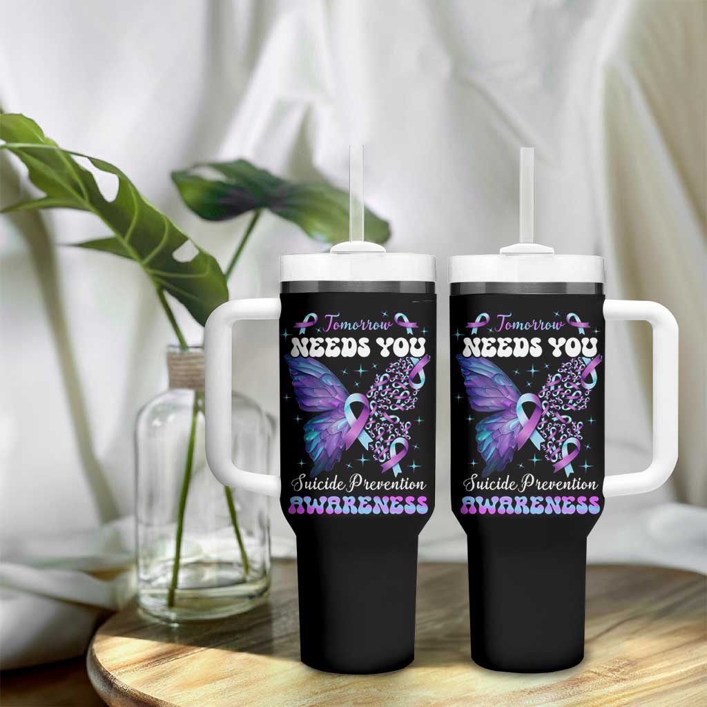Suicide Prevention Awareness Tumbler With Handle Teal Purple Ribbon Butterfly Stay Tomorrow Needs You Therapist Psychologist - Wonder Print Shop