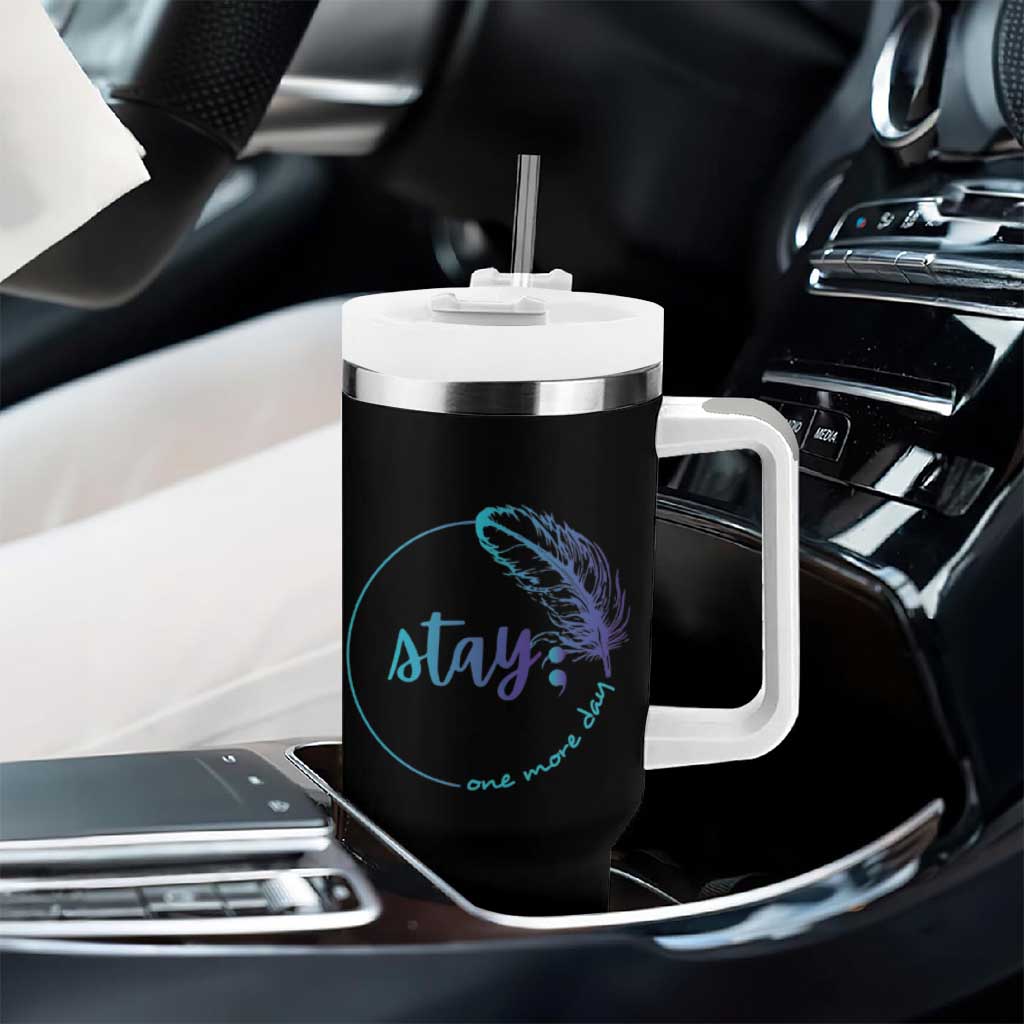 Suicide Prevention Awareness Tumbler With Handle Teal Purple Feather Stay One More Day Daily Reminder - Wonder Print Shop