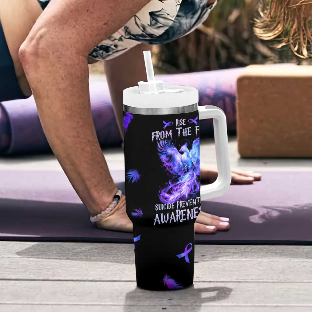 Suicide Prevention Awareness Tumbler With Handle Teal Purple Ribbon Phoenix Rise From The Fire - Wonder Print Shop