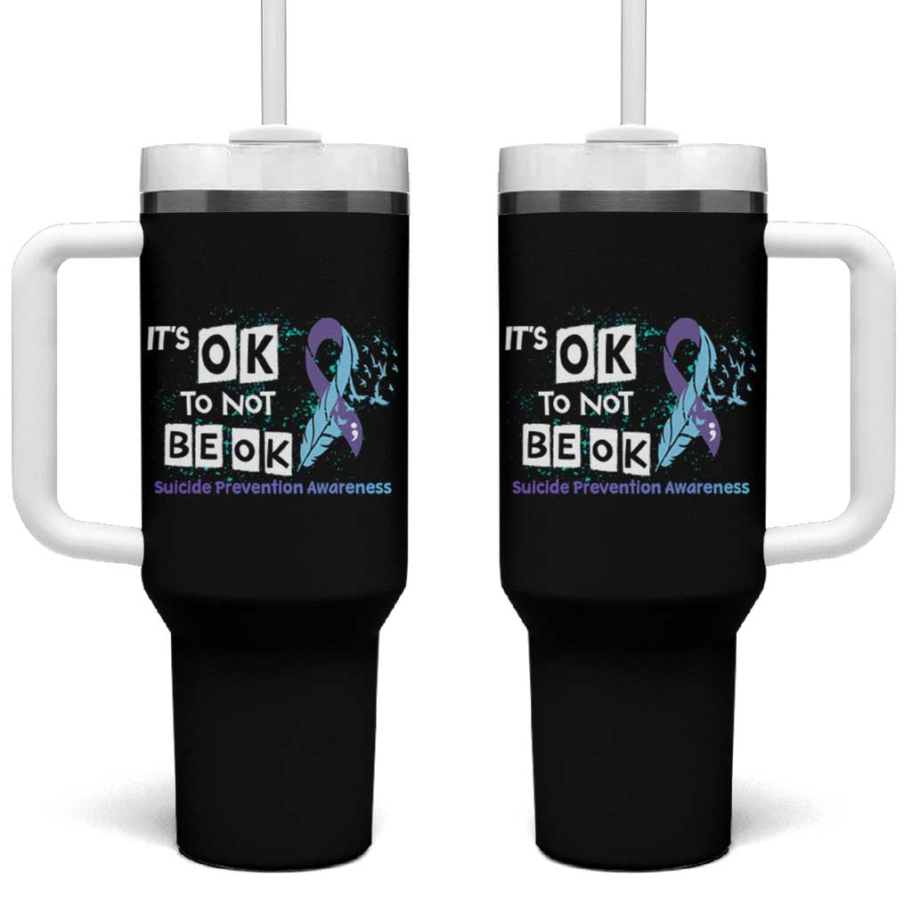 Suicide Prevention Awareness Tumbler With Handle Teal Purple Ribbon It's Ok Not To Be Ok Therapist Psychologist - Wonder Print Shop
