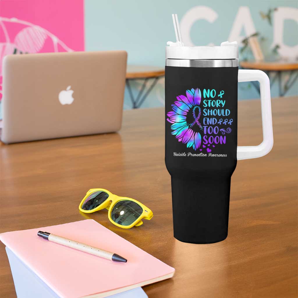 Suicide Prevention Awareness Tumbler With Handle Teal Purple Sunflower No Story Should End Too Soon - Wonder Print Shop