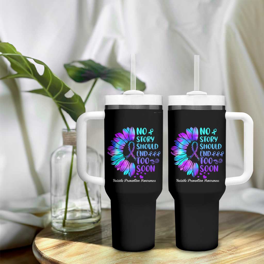 Suicide Prevention Awareness Tumbler With Handle Teal Purple Sunflower No Story Should End Too Soon - Wonder Print Shop