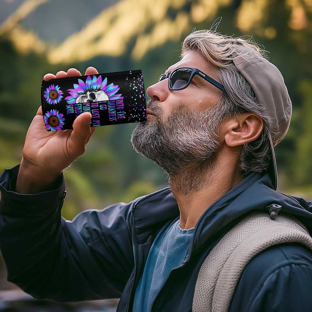 Suicide Prevention Awareness 4 in 1 Can Cooler Tumbler Teal Purple Sunflower Skull Into The Darkness I Go To Lose My Mind And Find My Soul - Wonder Print Shop