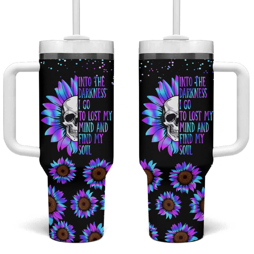 Suicide Prevention Awareness Tumbler With Handle Teal Purple Sunflower Skull Into The Darkness I Go To Lose My Mind And Find My Soul - Wonder Print Shop