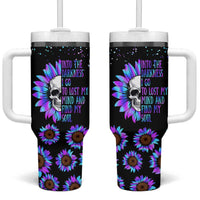 Suicide Prevention Awareness Tumbler With Handle Teal Purple Sunflower Skull Into The Darkness I Go To Lose My Mind And Find My Soul - Wonder Print Shop