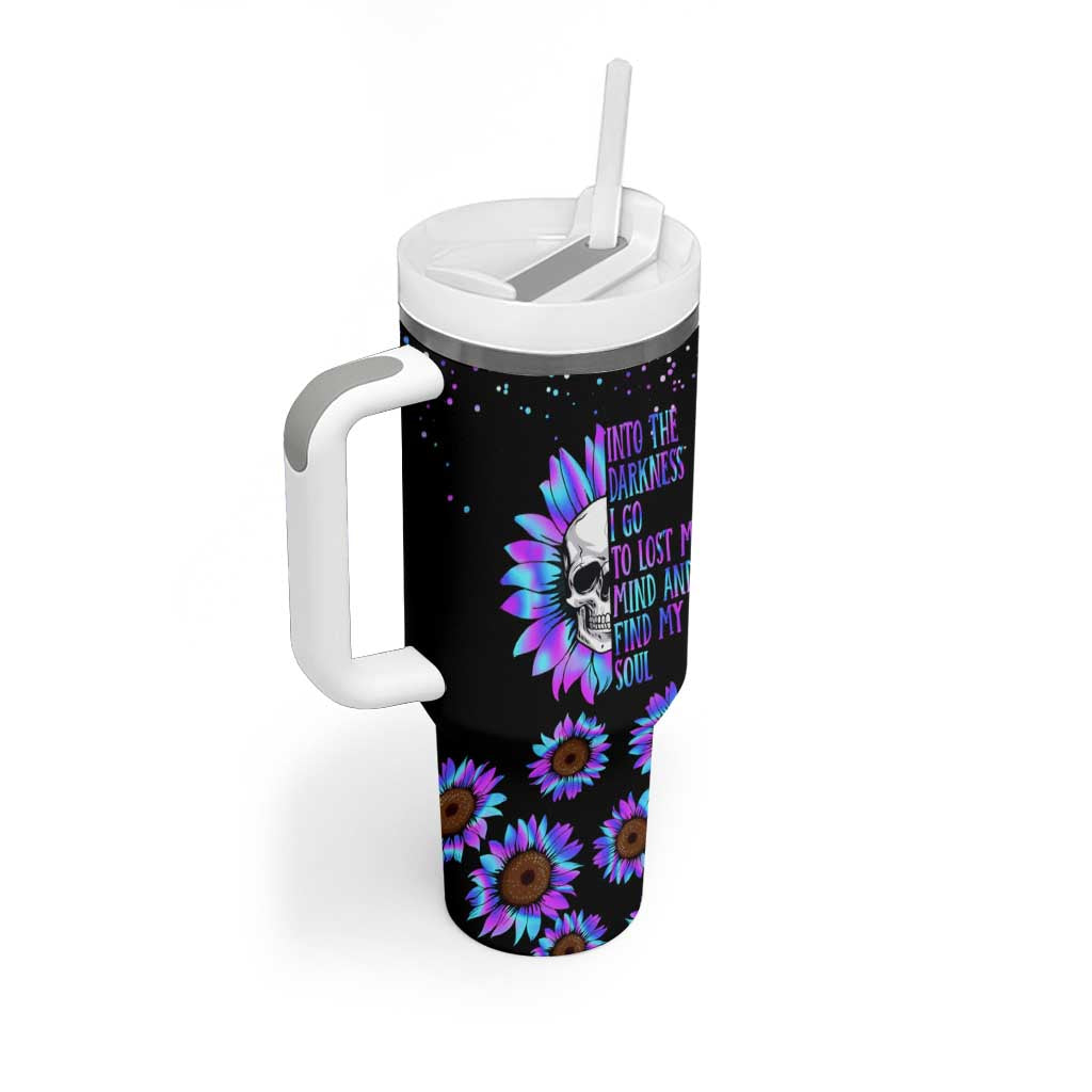 Suicide Prevention Awareness Tumbler With Handle Teal Purple Sunflower Skull Into The Darkness I Go To Lose My Mind And Find My Soul - Wonder Print Shop