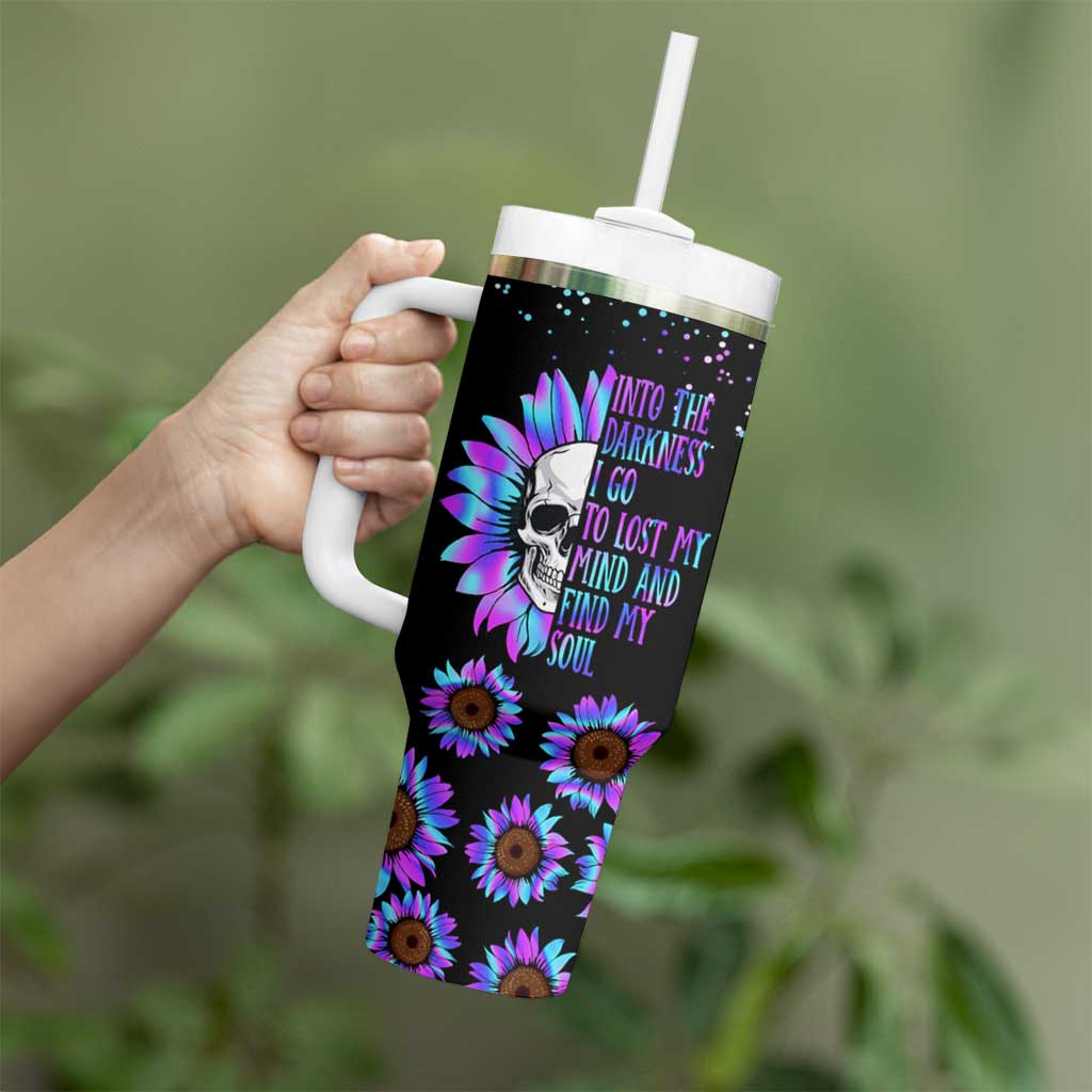 Suicide Prevention Awareness Tumbler With Handle Teal Purple Sunflower Skull Into The Darkness I Go To Lose My Mind And Find My Soul - Wonder Print Shop