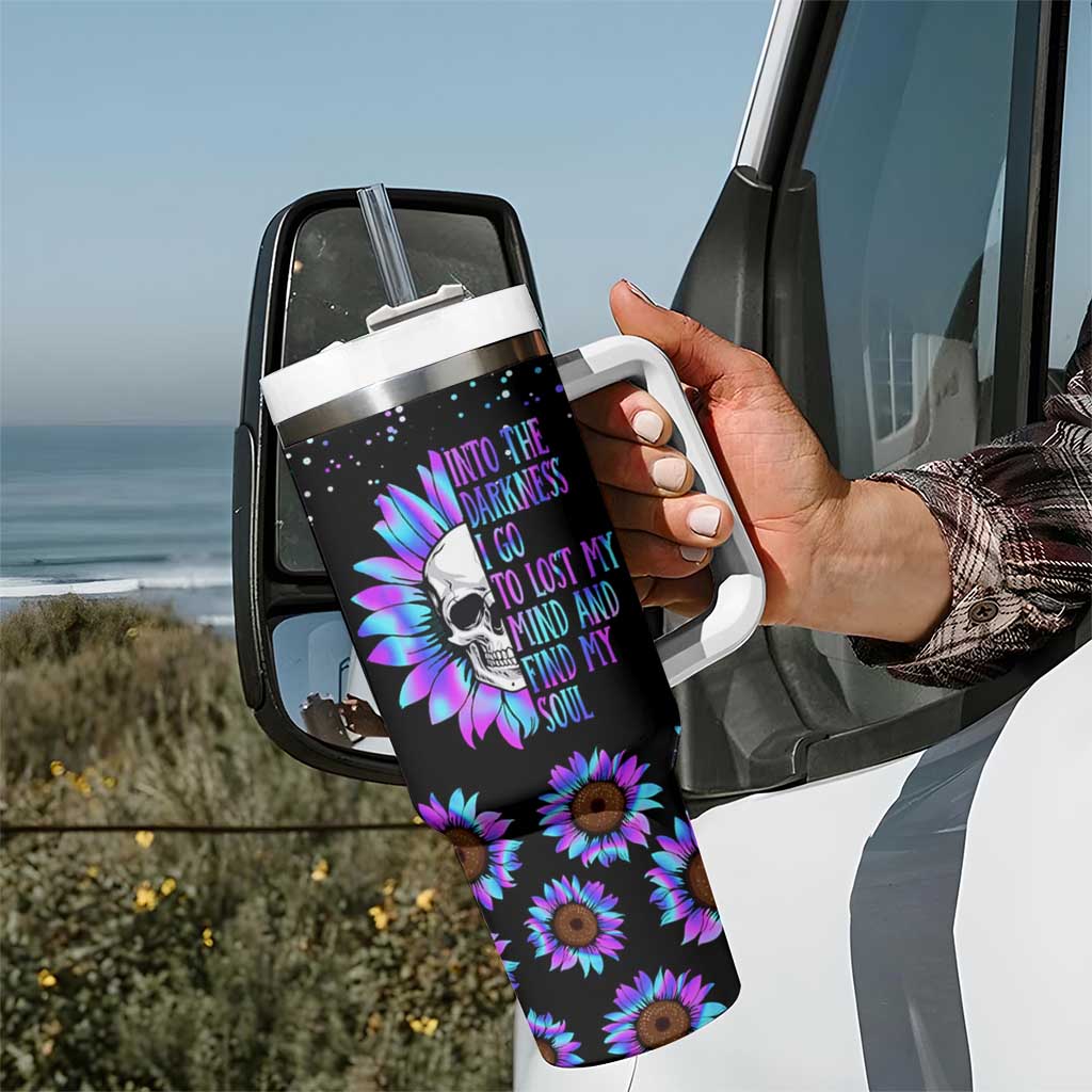 Suicide Prevention Awareness Tumbler With Handle Teal Purple Sunflower Skull Into The Darkness I Go To Lose My Mind And Find My Soul - Wonder Print Shop