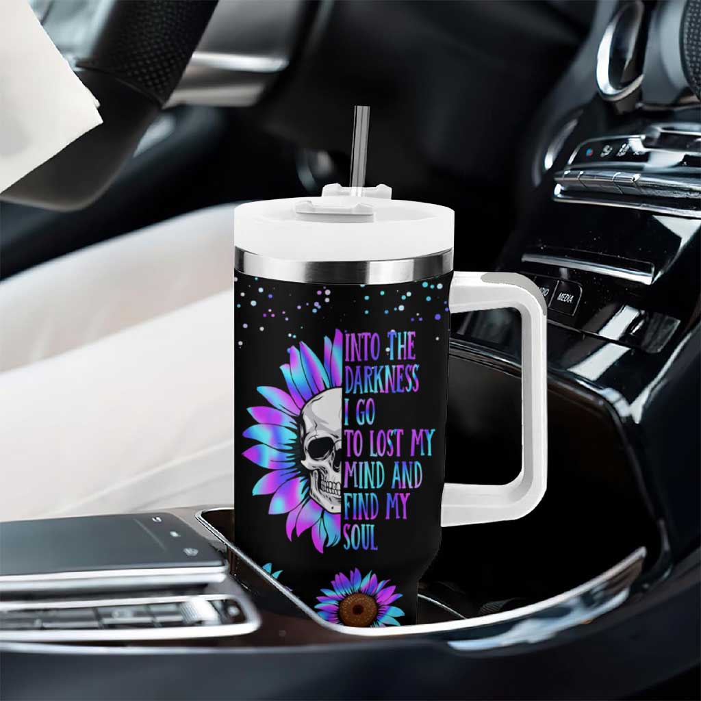Suicide Prevention Awareness Tumbler With Handle Teal Purple Sunflower Skull Into The Darkness I Go To Lose My Mind And Find My Soul - Wonder Print Shop