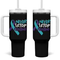 Suicide Prevention Awareness Tumbler With Handle Teal Purple Ribbon Semicolon Never Stop Fighting Support Therapist Psychologist - Wonder Print Shop